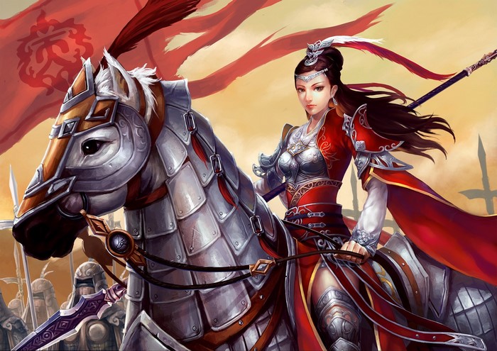 Fantasy warrior woman on horseback with army