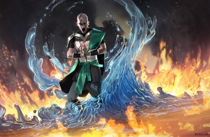Bald man with moon tattoo casting water and fire magic