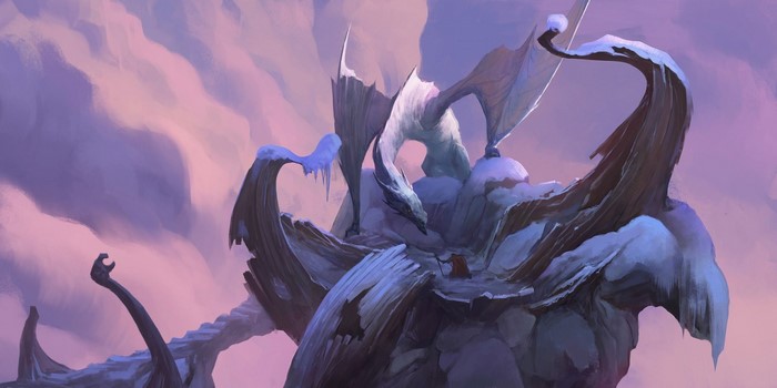 Fantasy art of a dragon on a snowy mountain