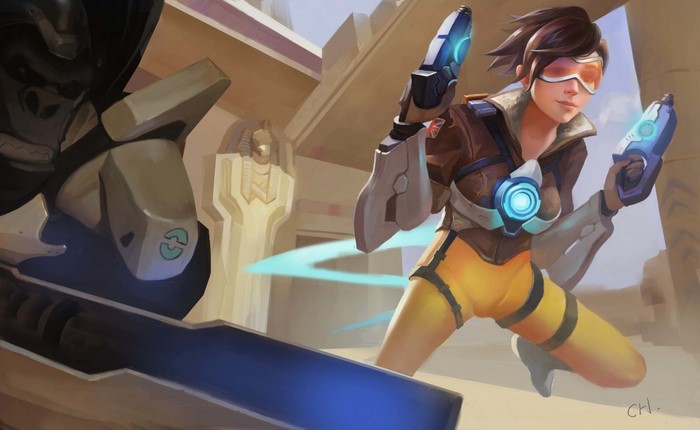 Tracer from Overwatch in a desert temple