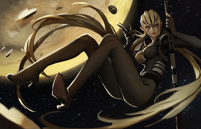 Alien warrior with blonde hair in space