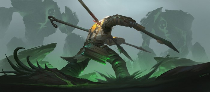 Warrior impaled by spears in a desolate landscape