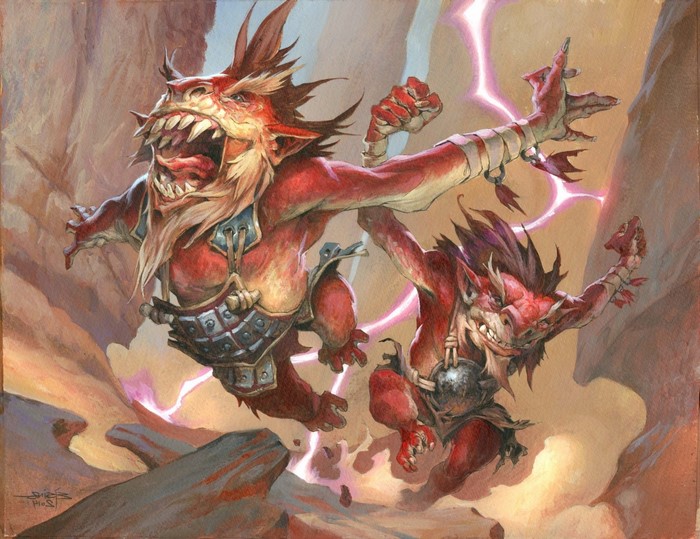 Two red goblins fighting with lightning in the background