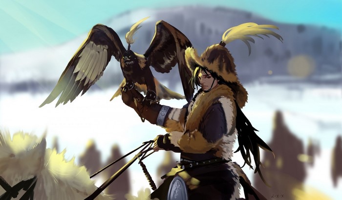 Man in fur hat with eagle on arm in snowy landscape