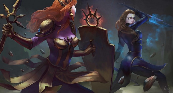 Leona from League of Legends fighting another champion