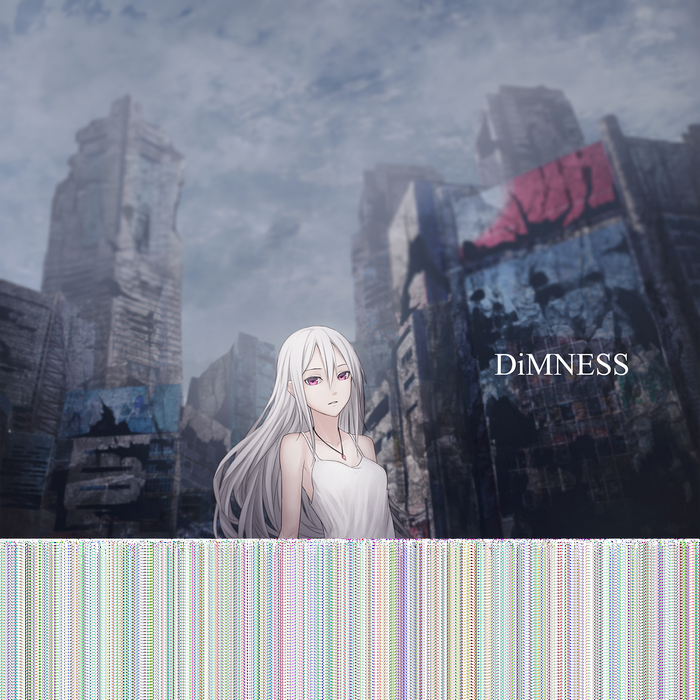 DiM NESS anime girl with white hair and pink eyes