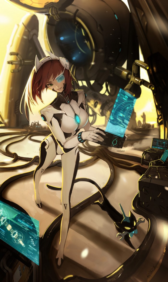 Anime girl in futuristic suit with holographic displays