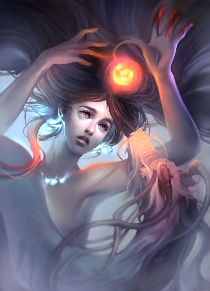 Fantasy illustration of a woman with a magical orb and a creature