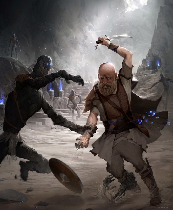 Fantasy art of a soldier fighting a creature in a cave