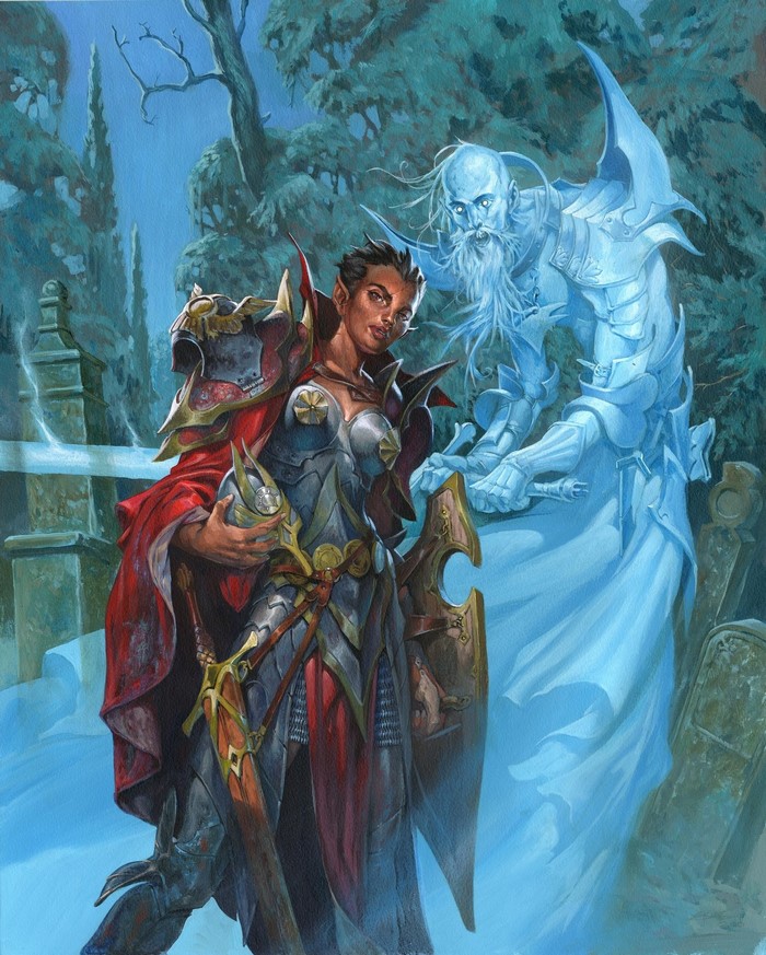 Warrior and ghost in a graveyard