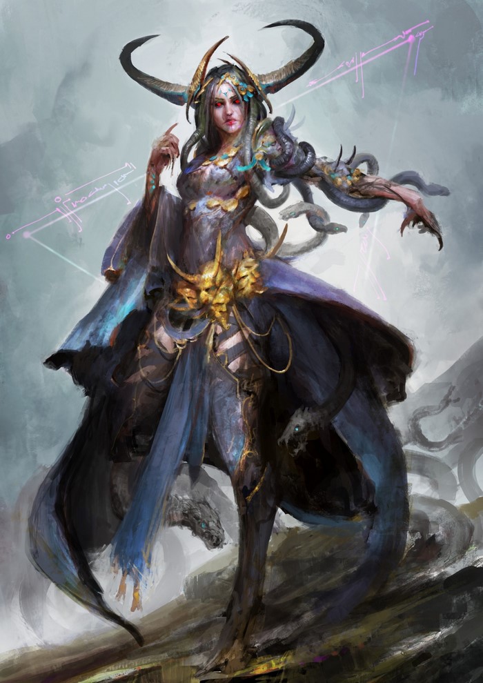 Fantasy art of a horned woman with snakes and dragons