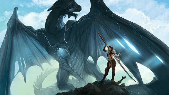 Woman with sword facing a large black dragon