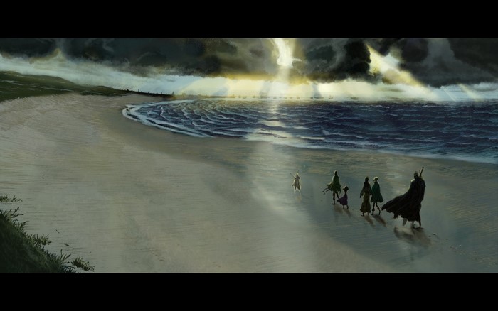 Guts and companions on a beach with stormy sea