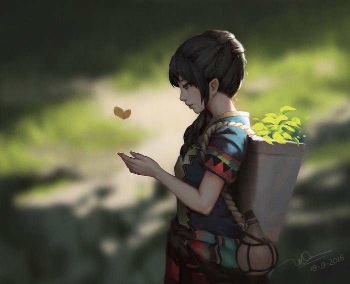 Anime girl with butterfly and basket