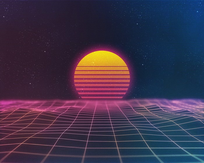 Retro wave sunset over a digital grid landscape