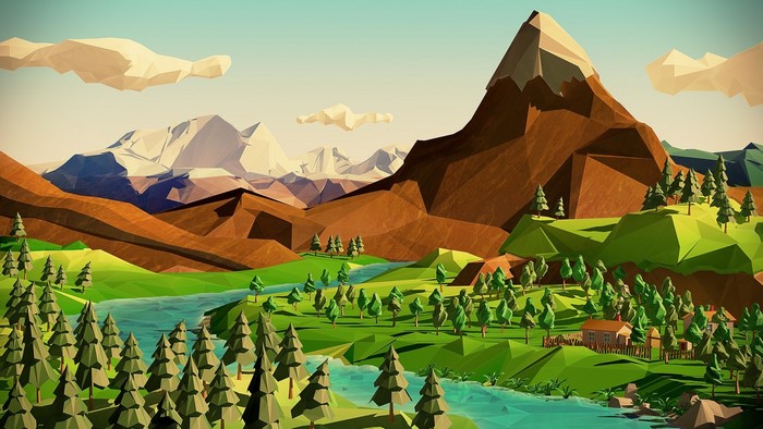 Low poly landscape with mountains and river