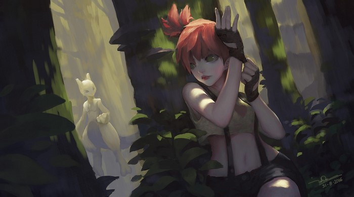 Misty and Mewtwo in a forest