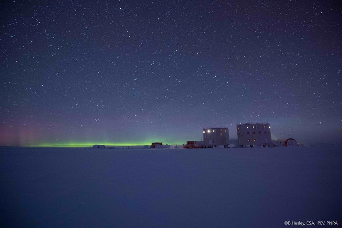 Aurora Australis over Concordia Research Station in Antarctica