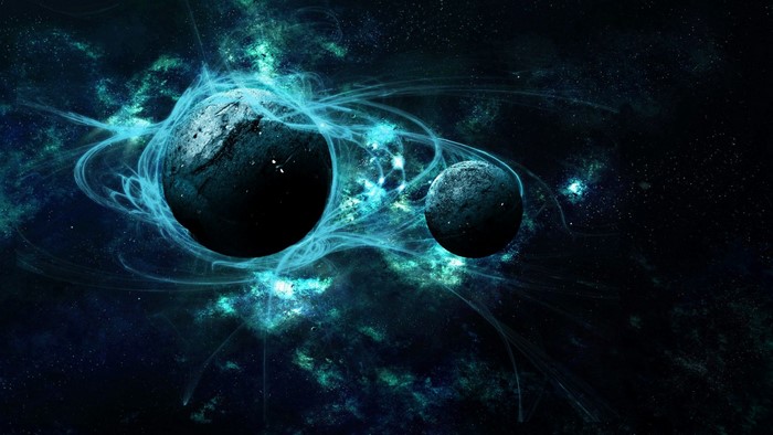 Planets in a nebula with blue energy