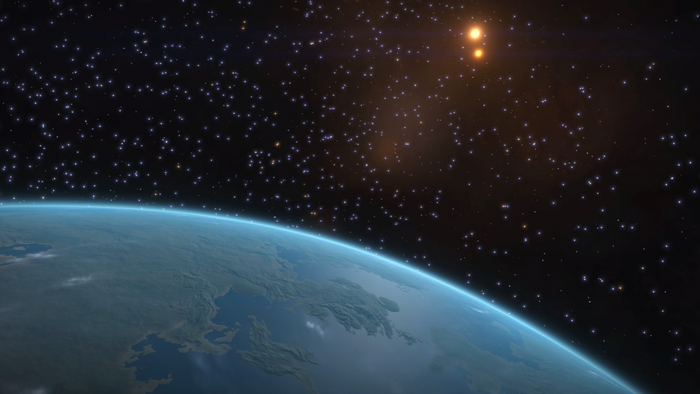Planet in space with stars and binary suns