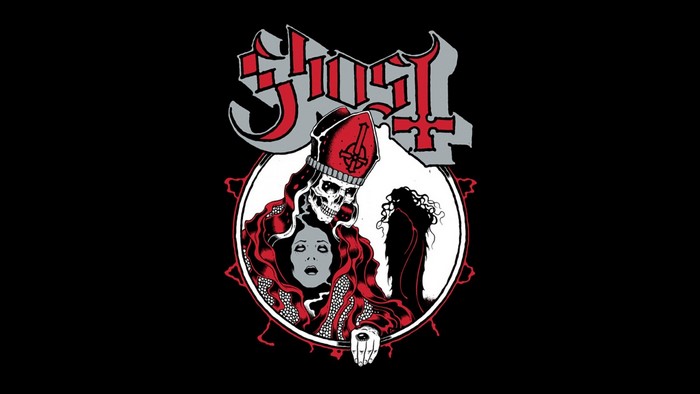 Ghost band logo with skull pope and woman