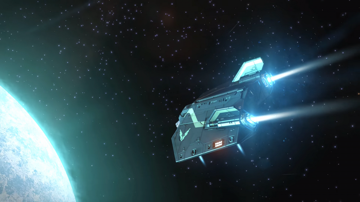 Elite Dangerous spaceship near a blue planet