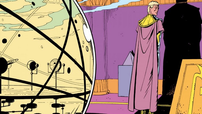 Doctor Manhattan from Watchmen in a room with a model solar system