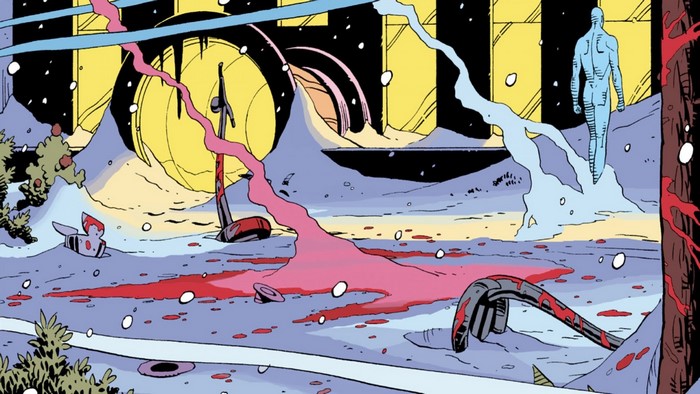 Dr. Manhattan in a snowy landscape with pink and blue energy