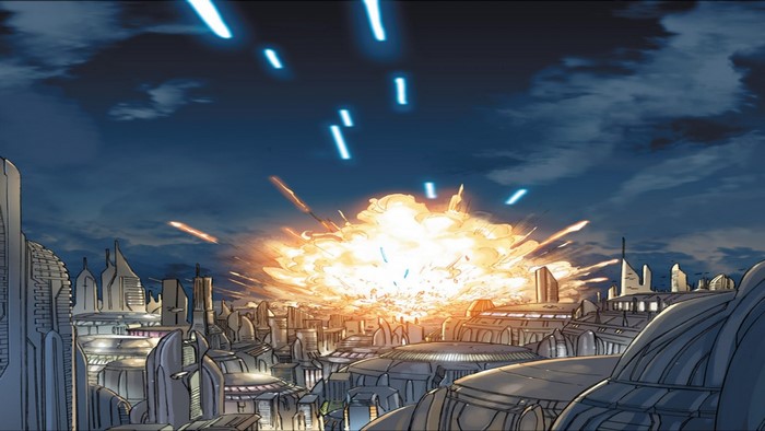 Star Wars comic cityscape with explosion and laser fire