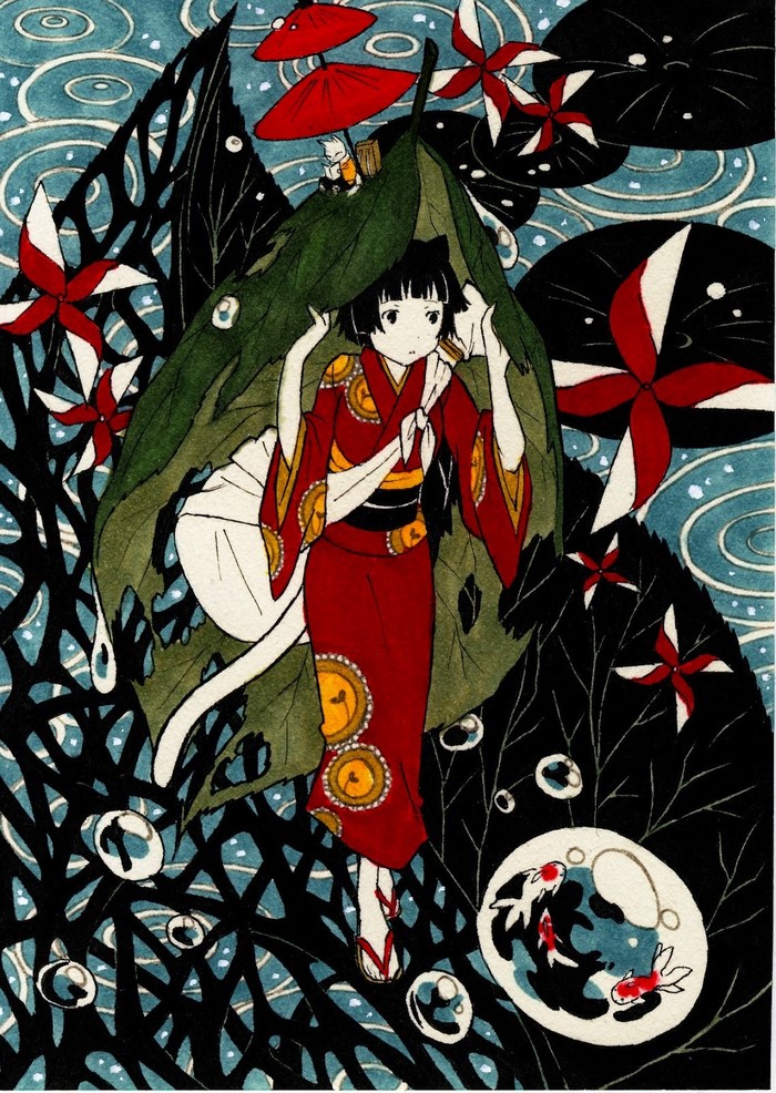 Girl in red kimono under a leaf with koi fish