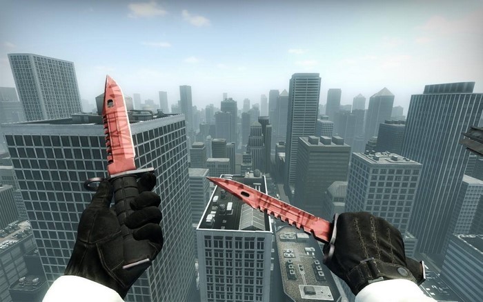 Counter Strike: Global Offensive bayonet knives over city skyline