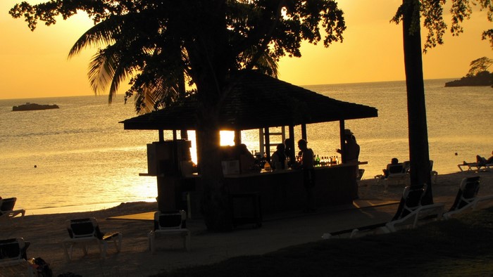 Beach bar at sunset with palm trees and ocean