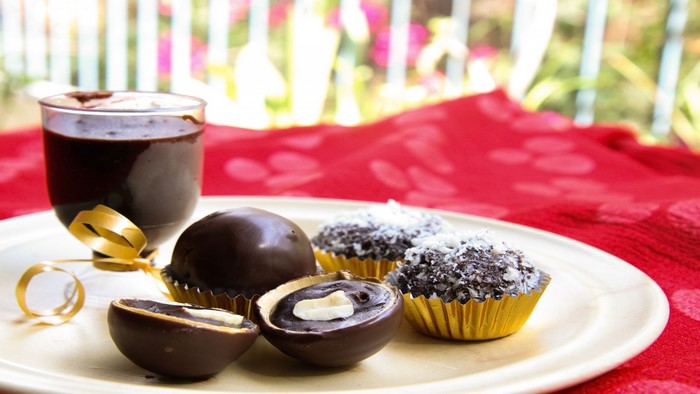 Chocolate desserts and drink on a plate