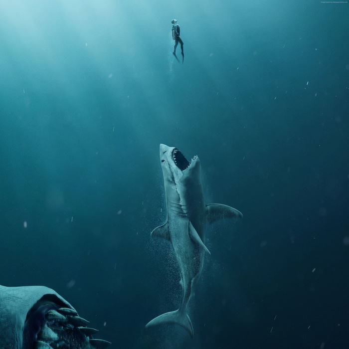 4K The Meg shark attacking diver