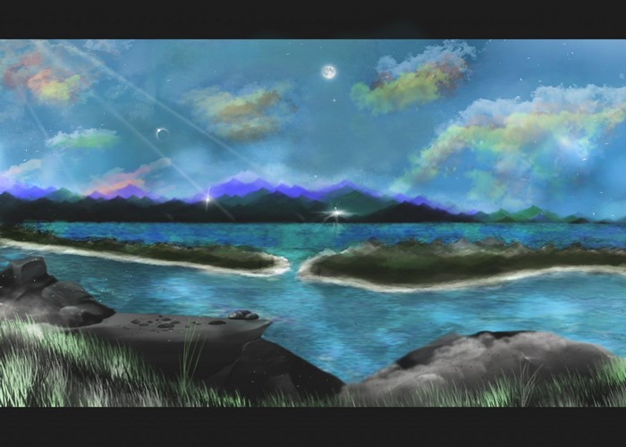 Digital painting of a serene seascape with mountains and moon