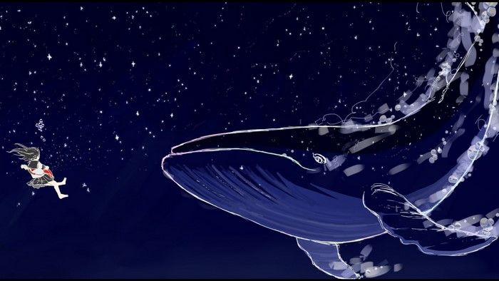 Girl and whale in starry ocean