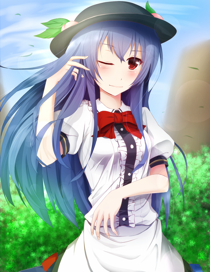Hinanawi Tenshi with blue hair wearing a hat