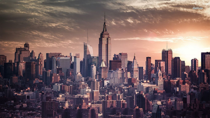 New York City skyline at sunset