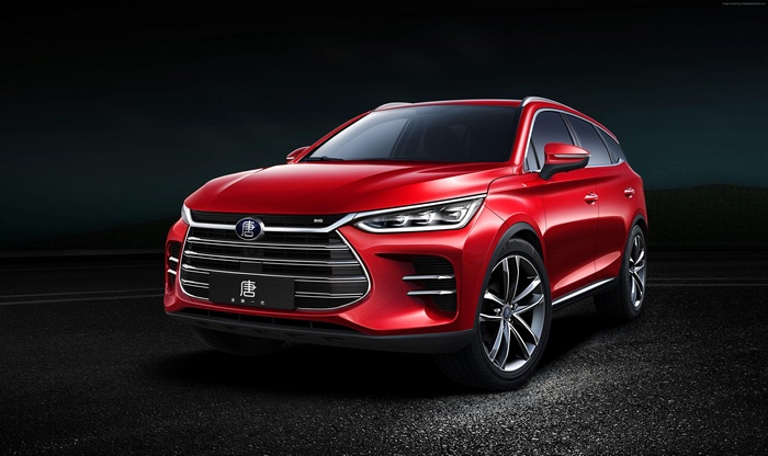 Red BYD Tang electric car