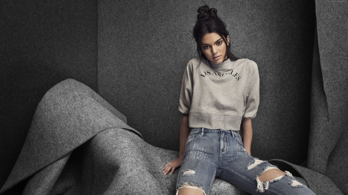 Kendall Jenner in Los Angeles sweatshirt and ripped jeans