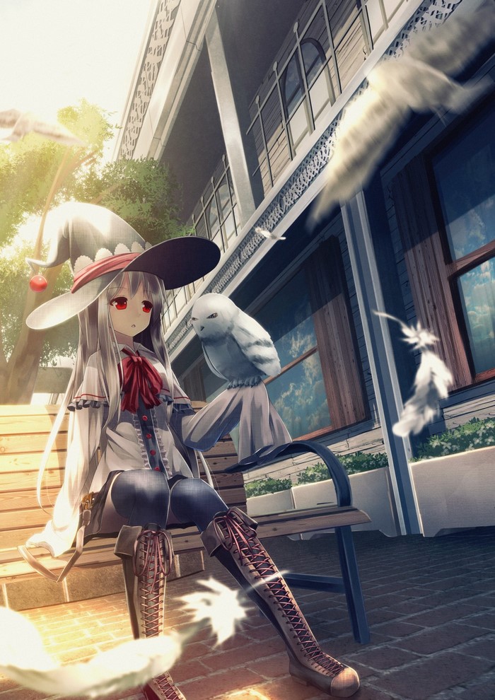 Anime girl with gray hair and red eyes wearing a witch hat