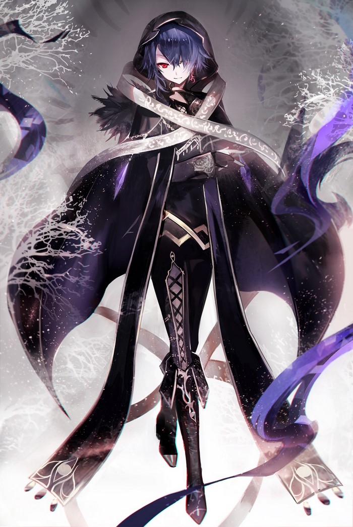 Anime character with blue hair and red eyes in a black cloak