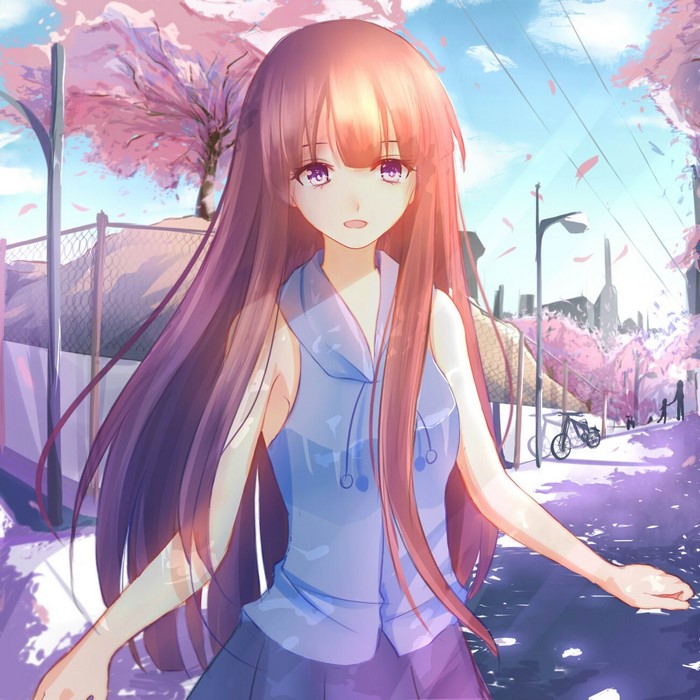 Anime girl with long purple hair walking down a street lined with cherry blossoms