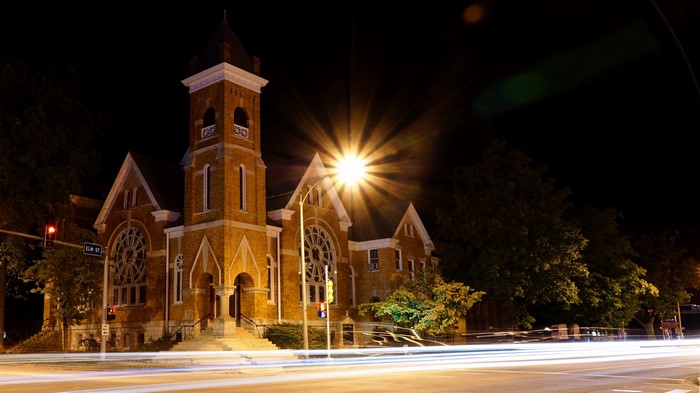 Church at night with light trails and starburst light