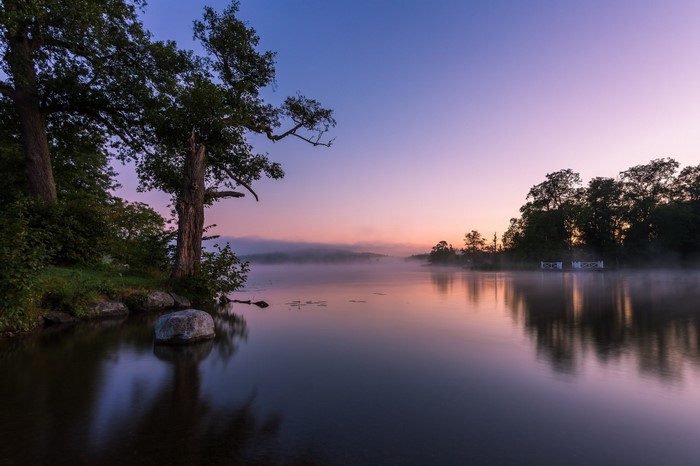 Misty lake at dawn with trees and reflections