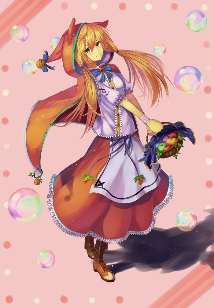 Anime girl in red hood holding fruit basket