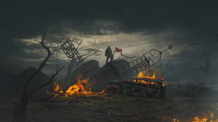 Post-apocalyptic scene with a lone figure and burning car
