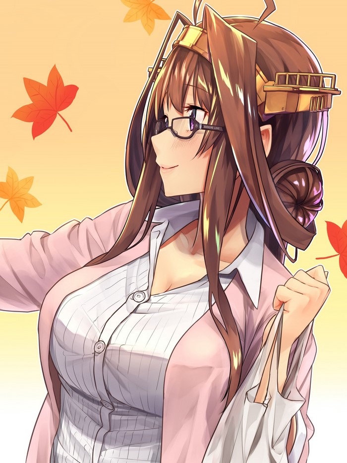 Kongou from Kantai Collection wearing glasses and a pink cardigan