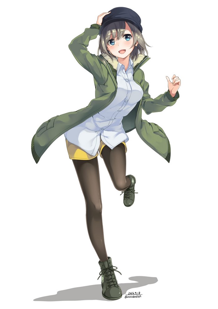 Anime girl in green jacket and hat