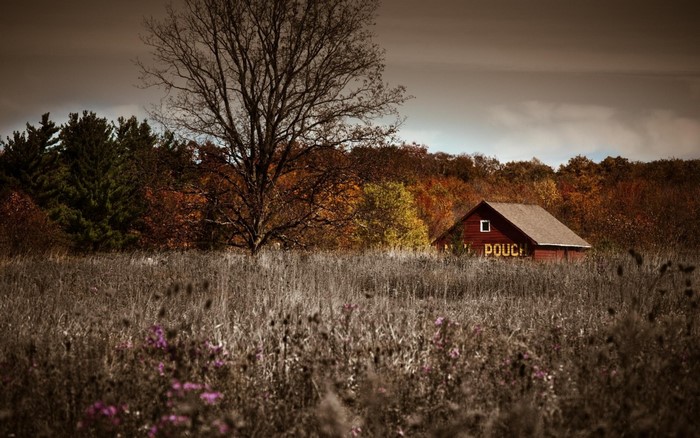 Red barn in a field during autumn